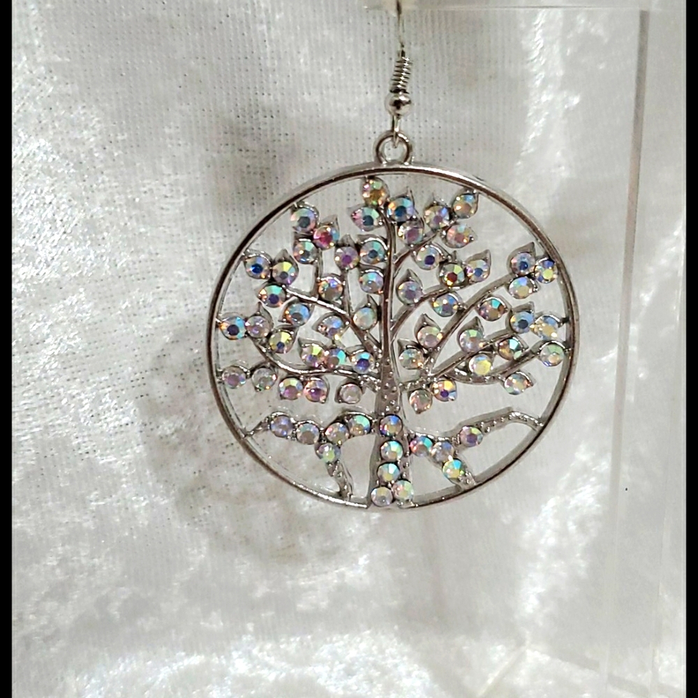 Silvertone AB rhinestones tree design pierced earrings - Picture 4 of 5